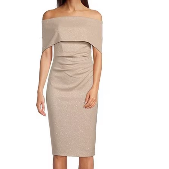 BRAND NEW - Off-the-Shoulder Glitter Metallic Knit Sheath Cocktail Dress - Picture 1 of 3